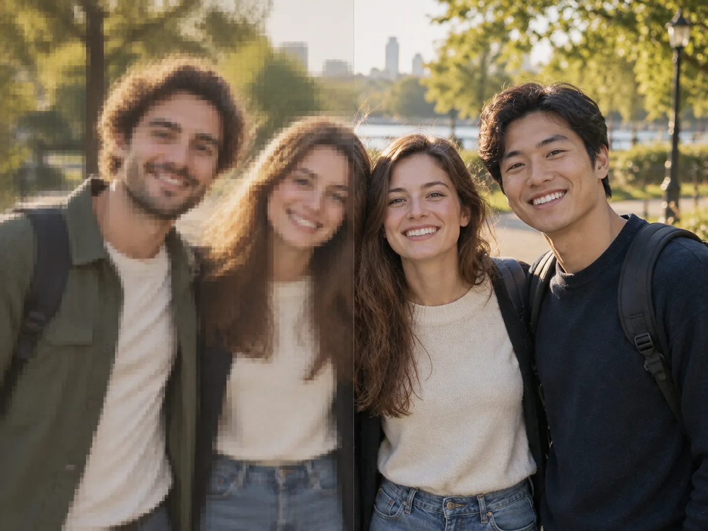 AI photo upscaler raising the resolution of a group photo without changing faces