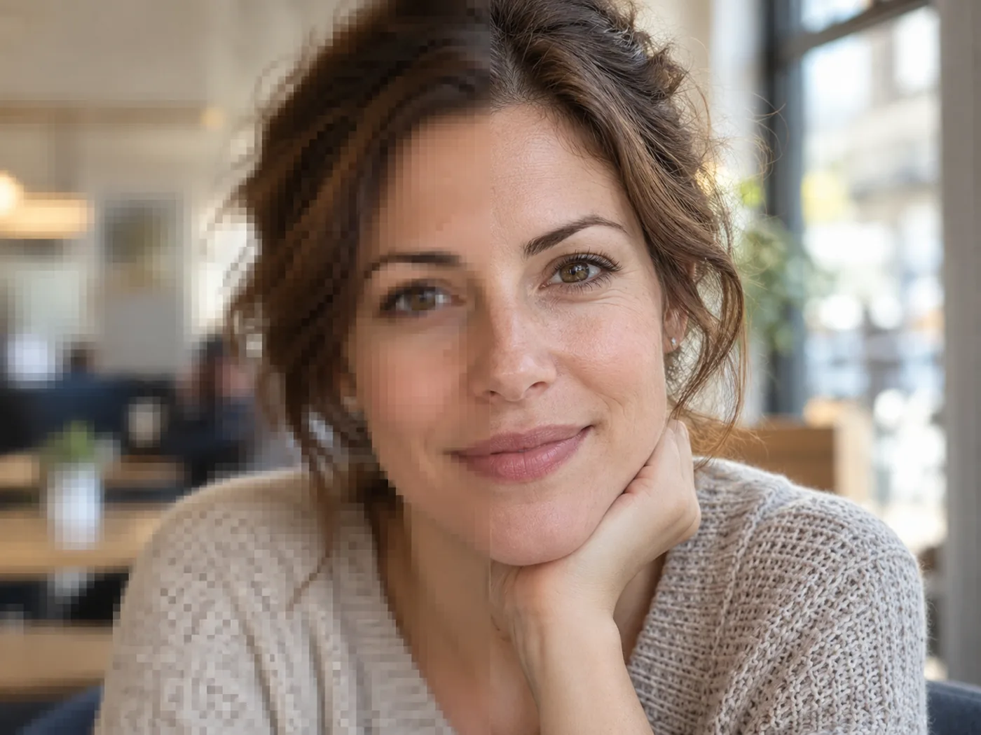 AI image upscaler re-rendering a portrait at 4K with the face unchanged