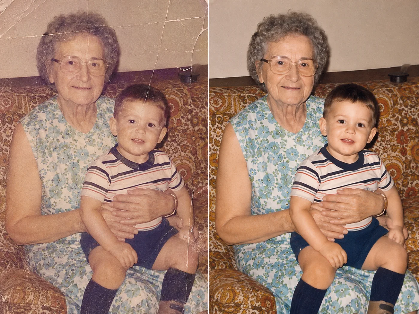 Restauración de fotos antiguas reparando una fotografía familiar rayada