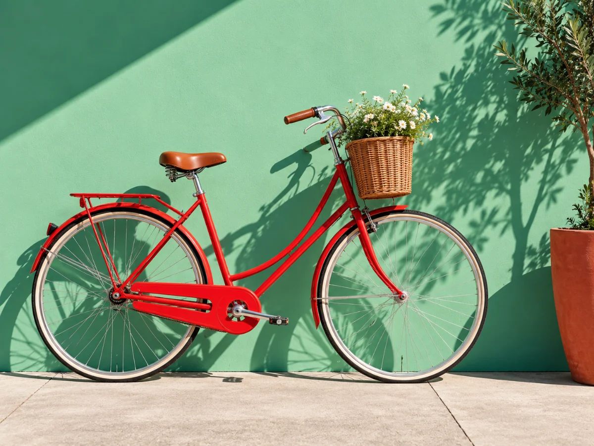 Red bicycle against a flat mint green wall in hard midday light