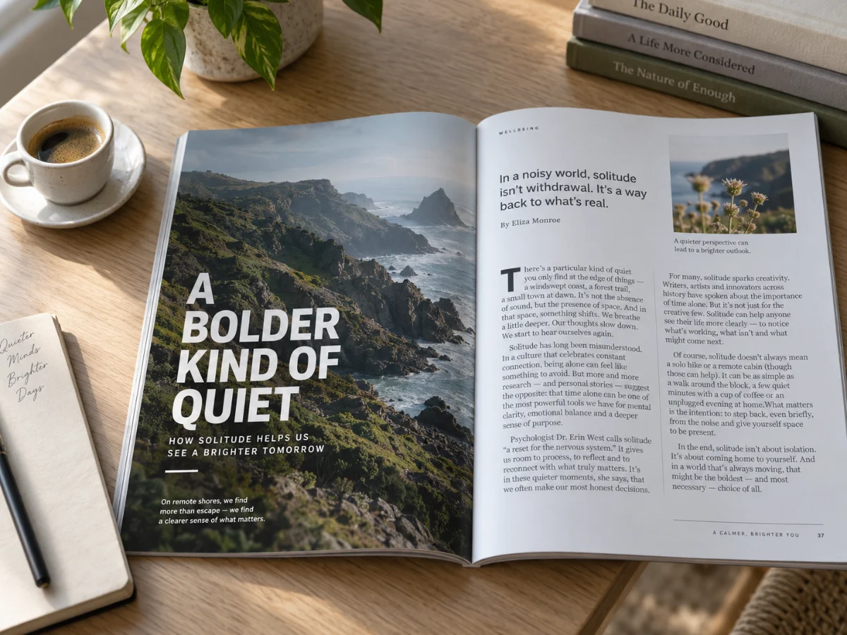 Open magazine spread with bold headline typography on a pale wooden desk