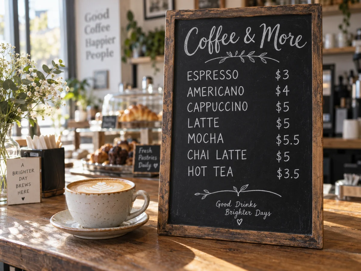 Hand-lettered chalkboard cafe menu with crisp, legible prices