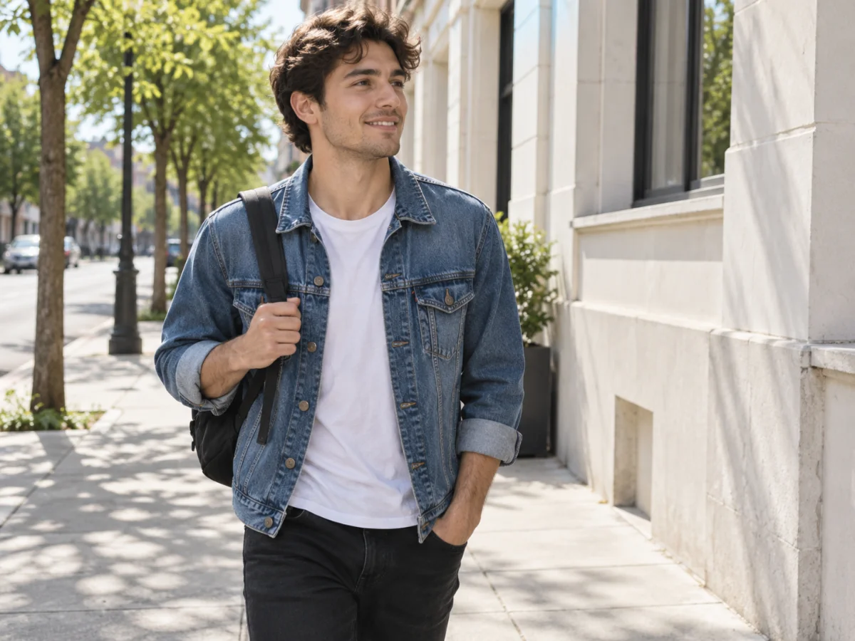 Candid street portrait in bright daylight against a plain background