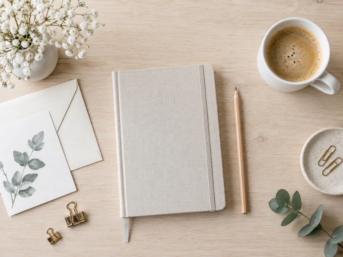 Bright flat-lay of stationery and a coffee cup on a pale desk