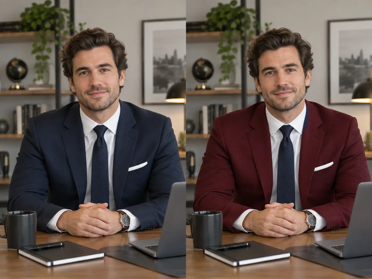 A seated portrait beside the same portrait with only the jacket recoloured, the pose and background untouched