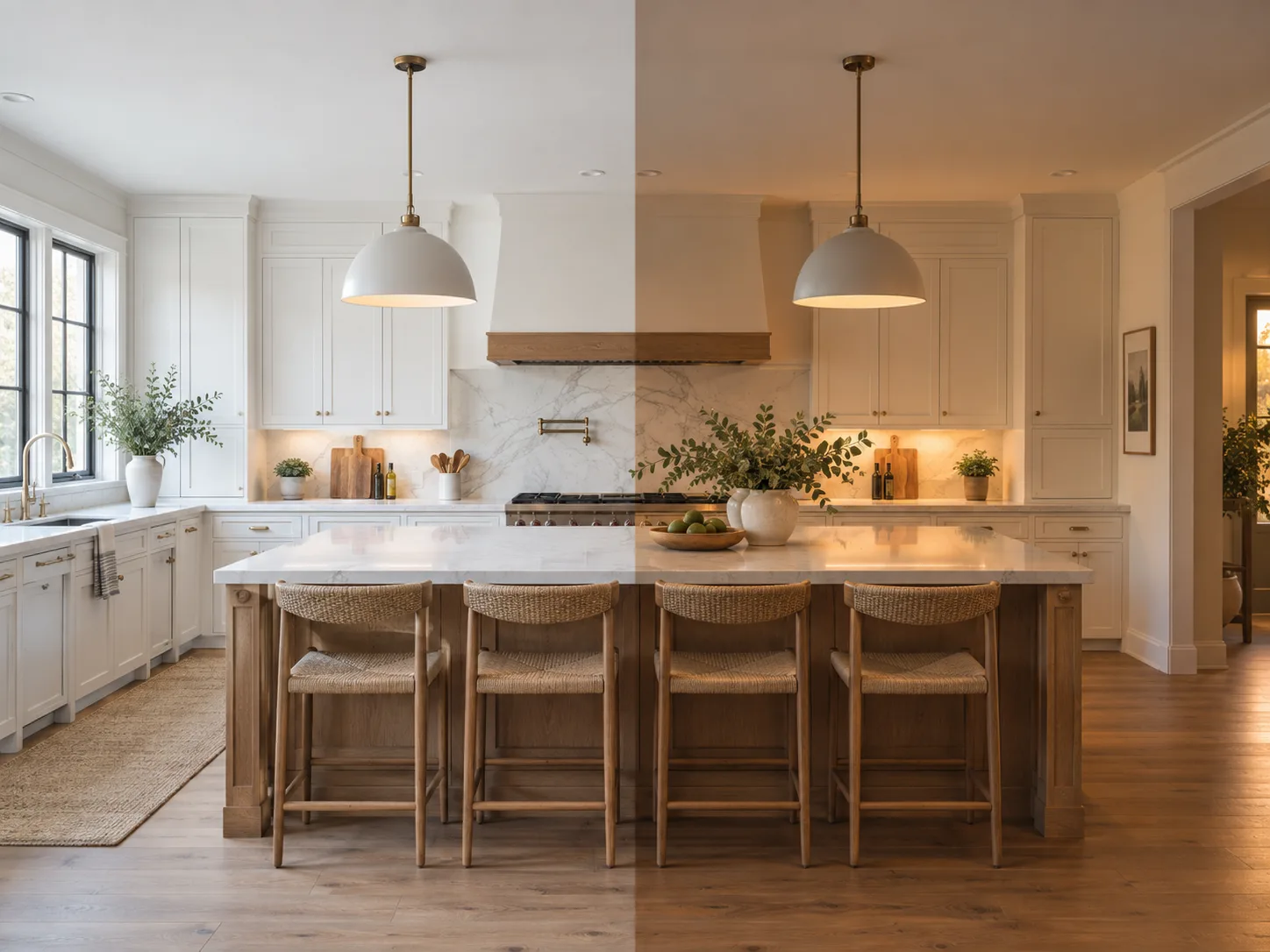 The same kitchen photograph rendered by two different models side by side, showing how the choice of model changes the result