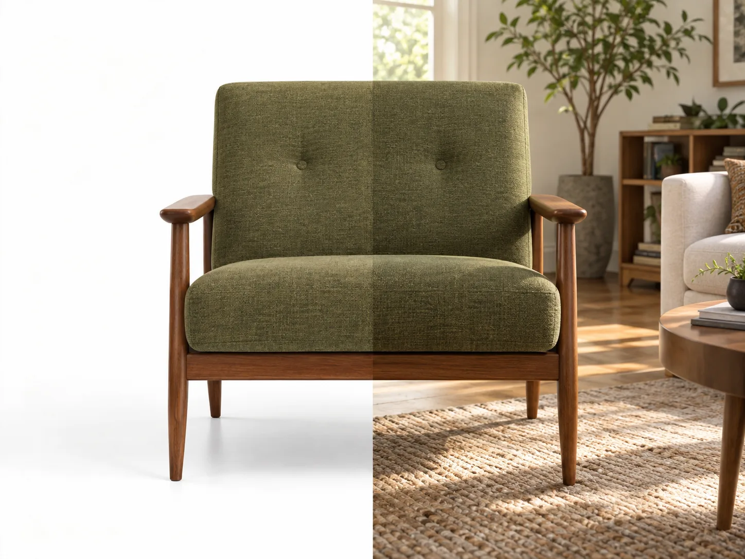 Two separate uploads, a chair and an empty room, beside the single frame that places the chair inside the room