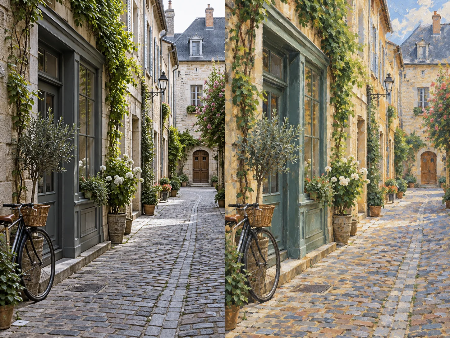 A street photograph beside the same street re-rendered in a painterly style with the buildings and the framing unchanged