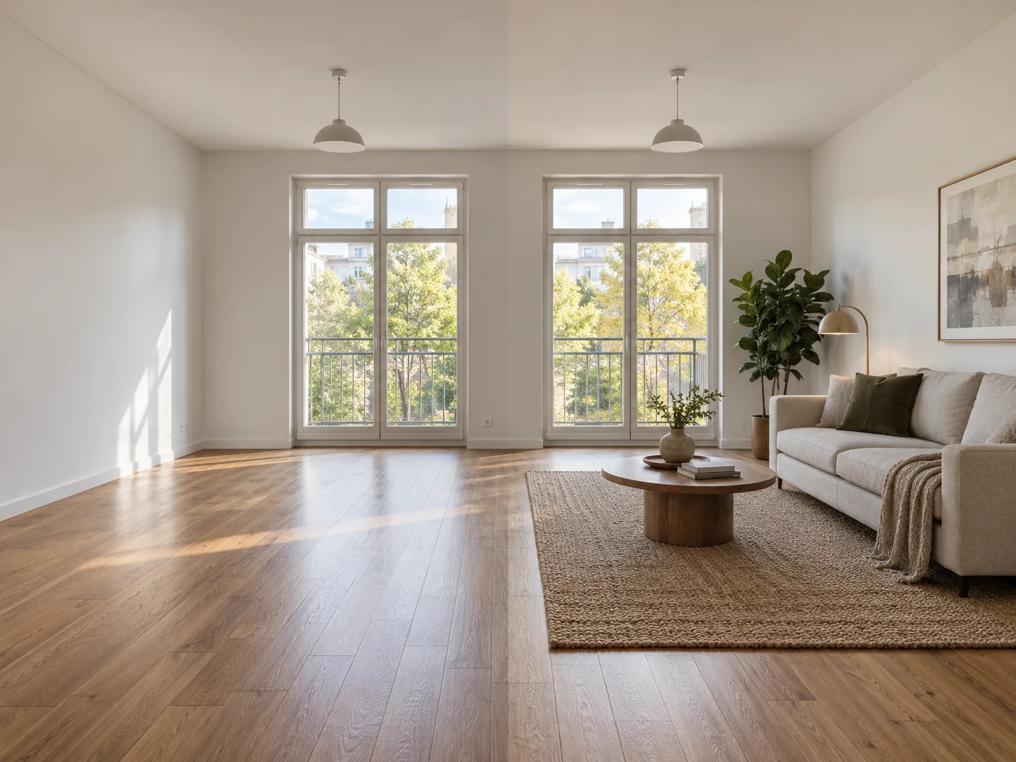A before and after pair from the Phevo image to image AI showing show an empty room furnished