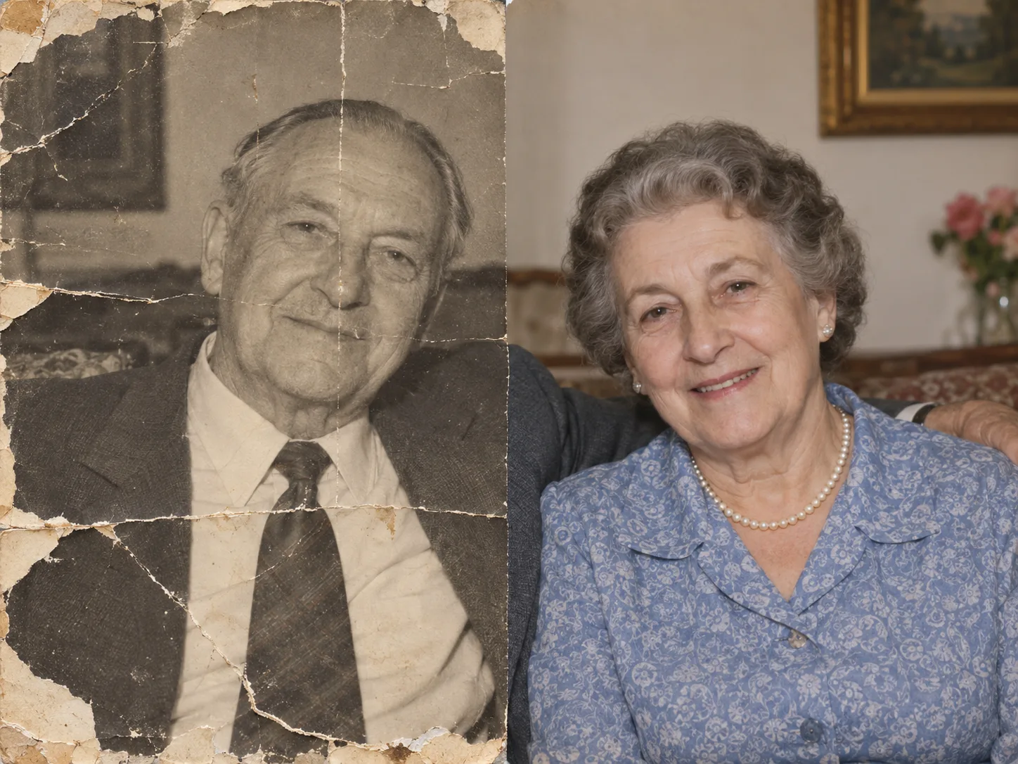 A before and after pair from the Phevo image to image AI showing bring a damaged photograph back
