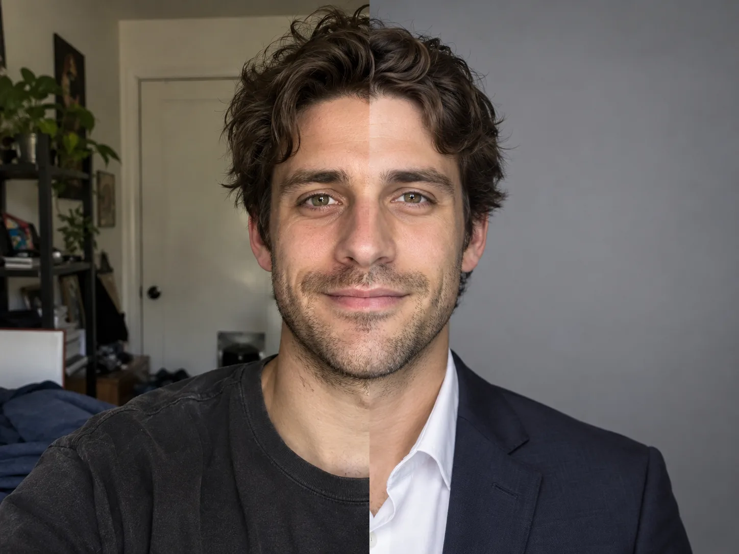 A before and after pair from the Phevo image to image AI showing fix a headshot without a studio